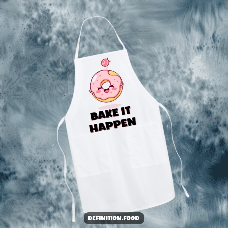 Funny donut apron with a cheerful donut character joyfully tossing a tiny candy, ready for kitchen fun.