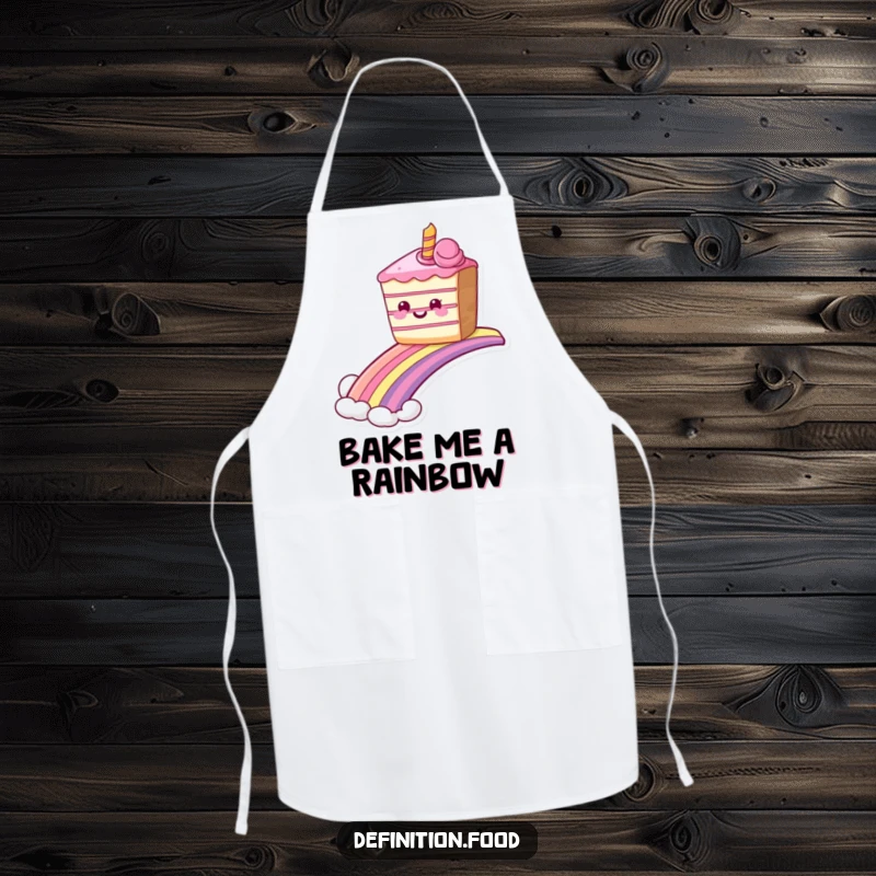 Funny grinning cake apron sliding down a rainbow, kitchenwear for dessert lovers who enjoy magic. Great funny gift.