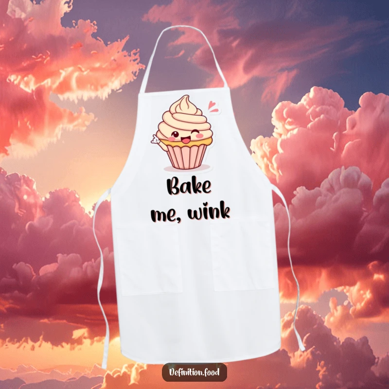 Funny apron with a happy cupcake character winking, ideal for a joyful cooking experience and a fun kitchen accessory, a funny gift.