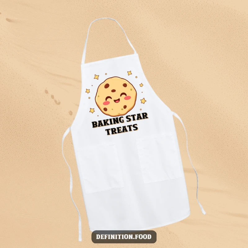 Funny smiling cookie character with tiny stars falling around it on a chef’s apron, perfect for magical and joyful kitchen creations.