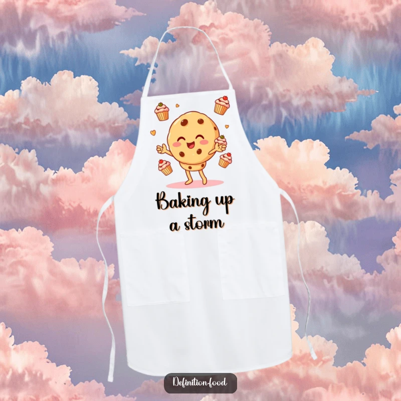 Funny apron design showcasing a cookie character actively juggling delicious-looking cupcakes while preparing to cook or bake.