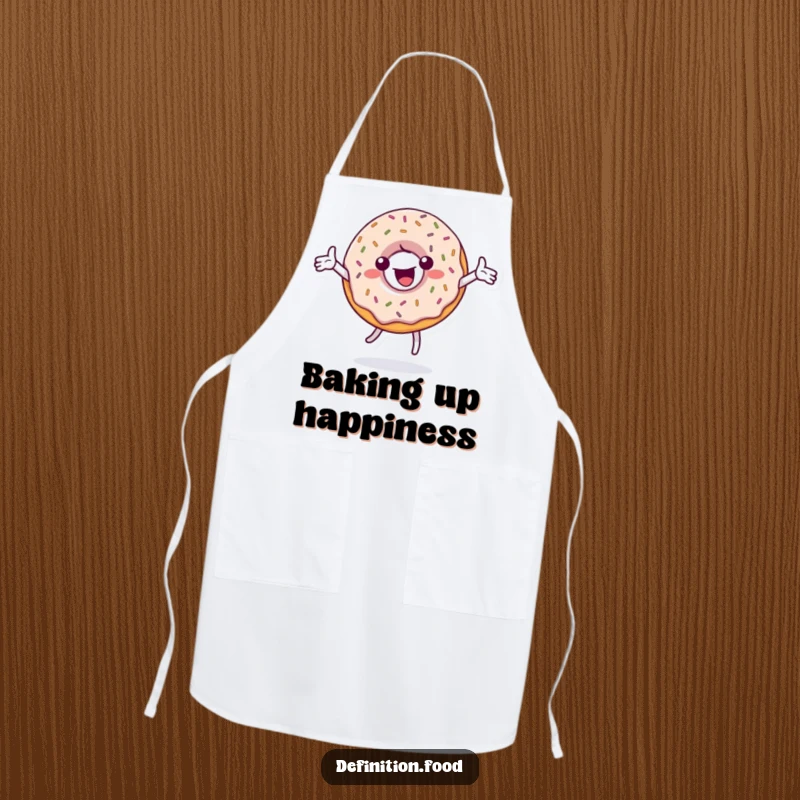 Funny apron adorned with a spinning, sprinkle-covered donut character, perfect for bakers who love adding a touch of fun to their cooking.