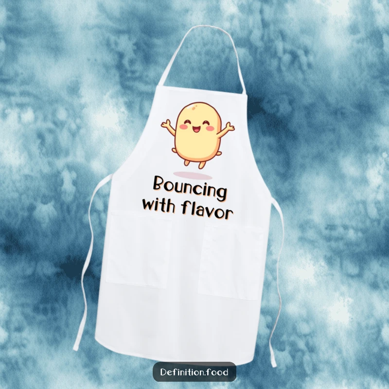 Funny apron with a macaroni character gleefully bouncing, perfect for cooking and a funny gift.