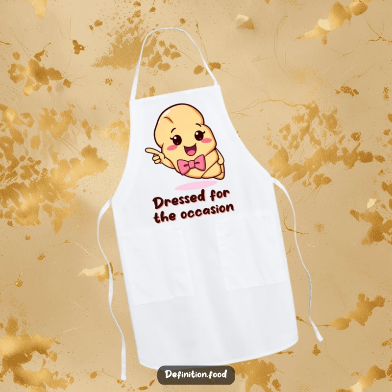 Funny Croissant Definition Apron: A happy croissant with a bow tie points to a humorous definition, perfect for protecting clothes while cooking.