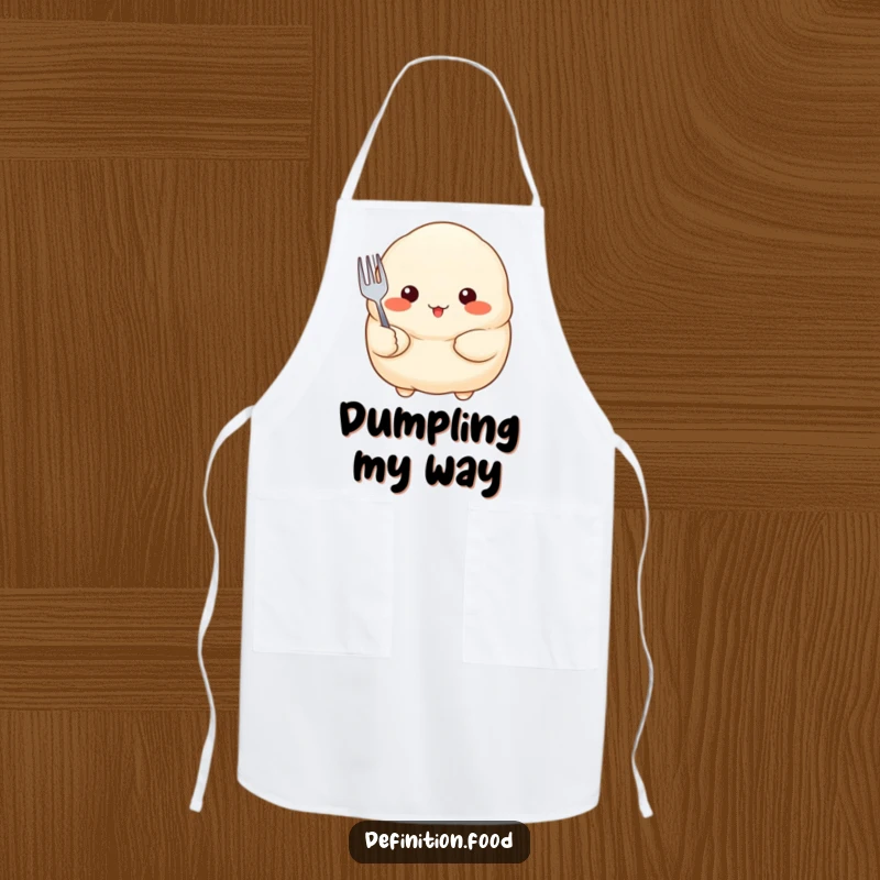 Funny Apron showcasing a proud dumpling with rosy cheeks holding a tiny fork, a humorous and charming kitchen accessory.