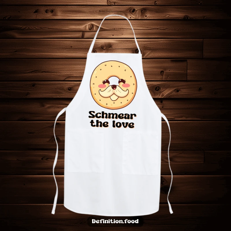 Funny apron adorned with a smiling bagel character proudly displaying a cream cheese mustache, perfect for chefs who love a touch of witty flavor.
