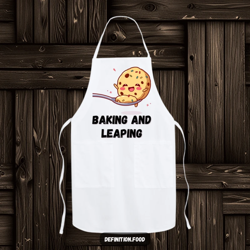 Funny apron featuring a cookie with sprinkles enthusiastically jumping from a spoon, perfect for baking.