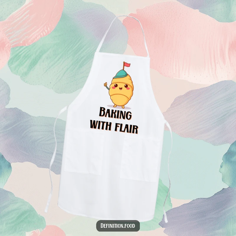 Funny apron featuring a cheerful croissant wearing a jaunty hat and waving a tiny flag, perfect for baking.