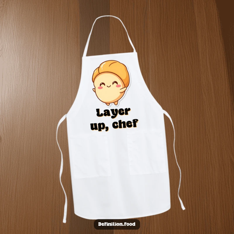 Funny apron with a happy croissant character unfurling its delicious layers, perfect for baking and a funny gift.