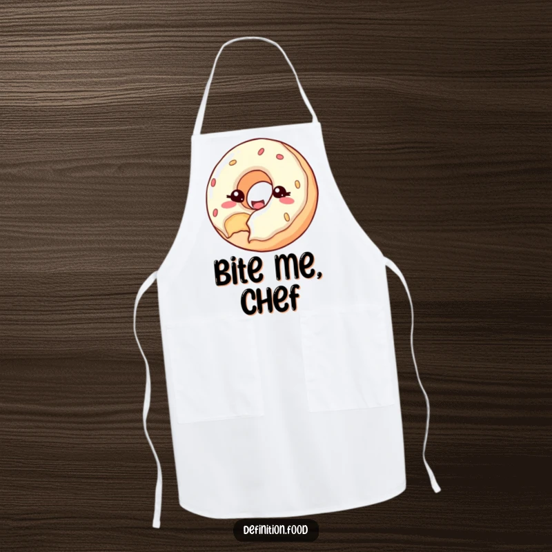 Funny apron featuring a happy donut with a bite taken out, winking at the viewer, perfect for baking.