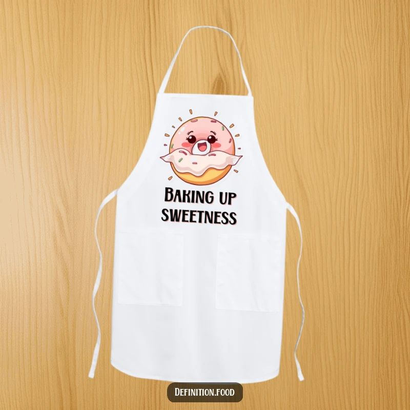Funny happy donut character bursting excitedly from its wrapper on a chef’s apron, perfect for cheerful kitchen activities.