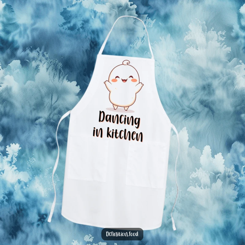 Funny apron with a smiling dumpling character doing a tiny dance, perfect for cooking and a funny gift.