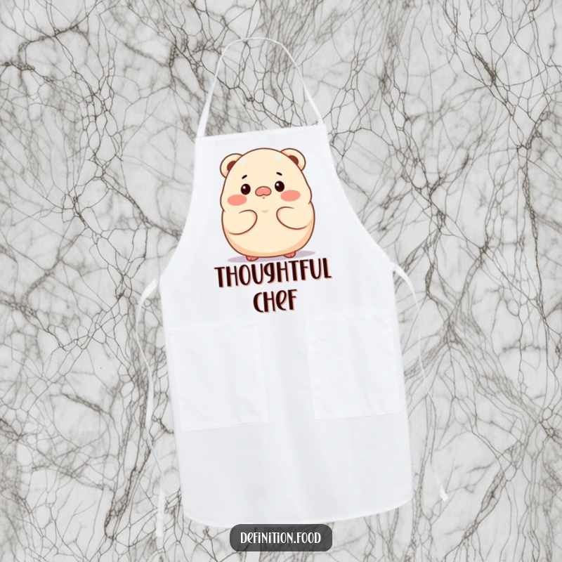 Funny proud dumpling character apron, looking thoughtful, for mindful kitchen activities.