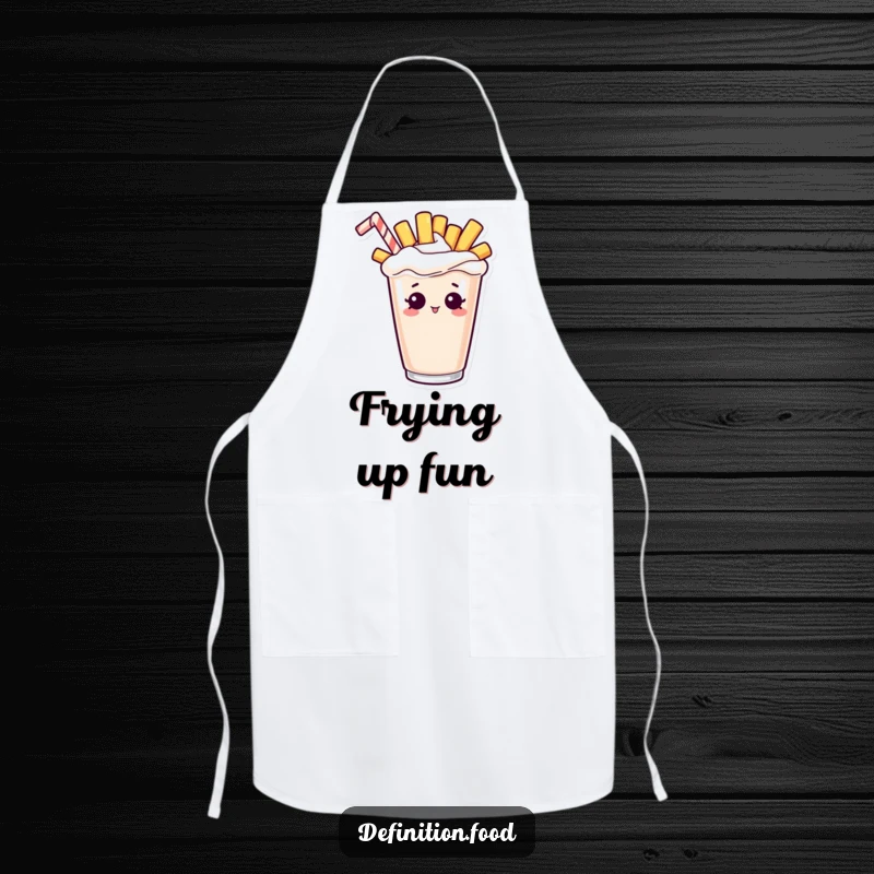 Funny apron showing a curious french fry character peeking out from a milkshake, ready to assist in the kitchen.
