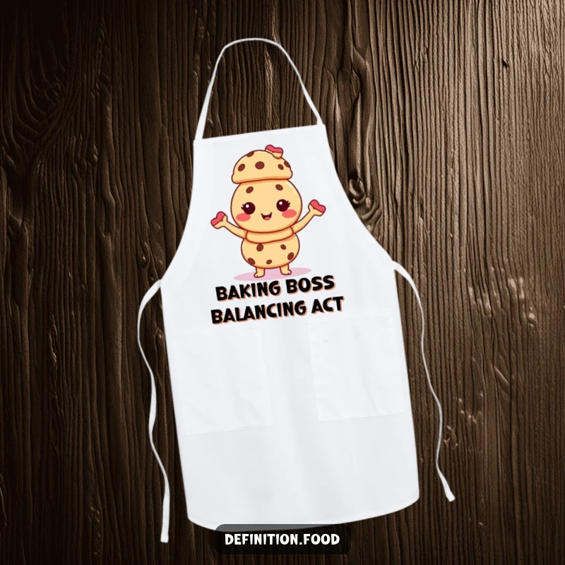 Funny apron featuring a giggling cookie character expertly balancing a stack of tiny pastries while keeping you clean in the kitchen.