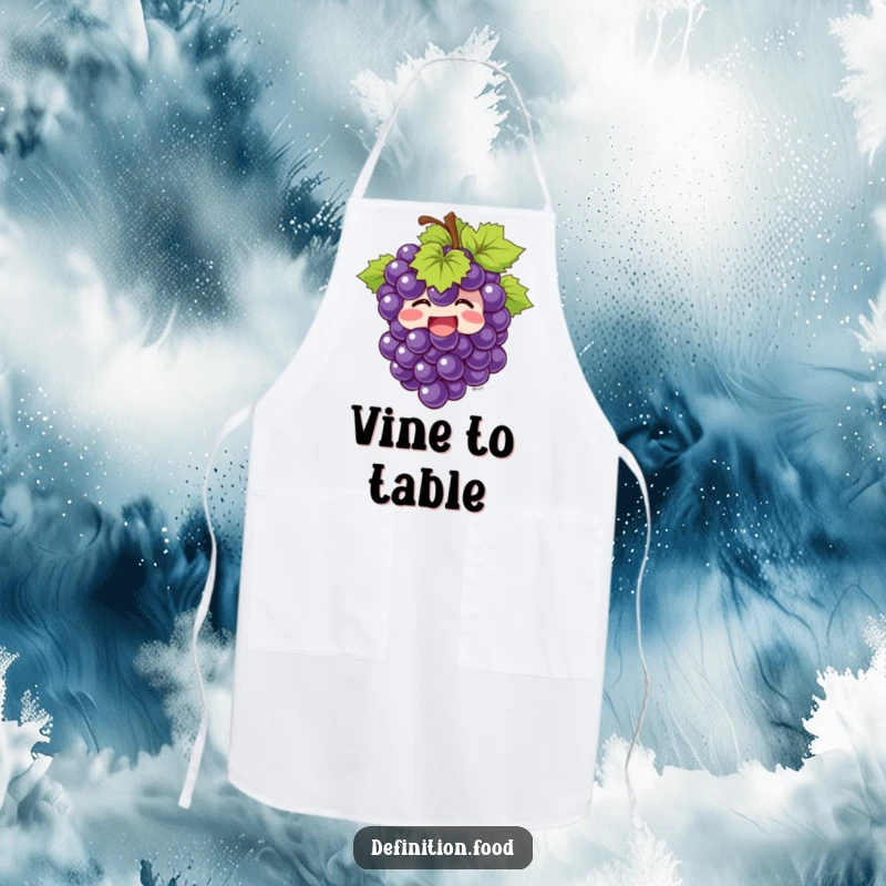 Funny Apron showcasing a giggling bunch of grapes bursting with joy, a humorous and cheerful kitchen accessory.
