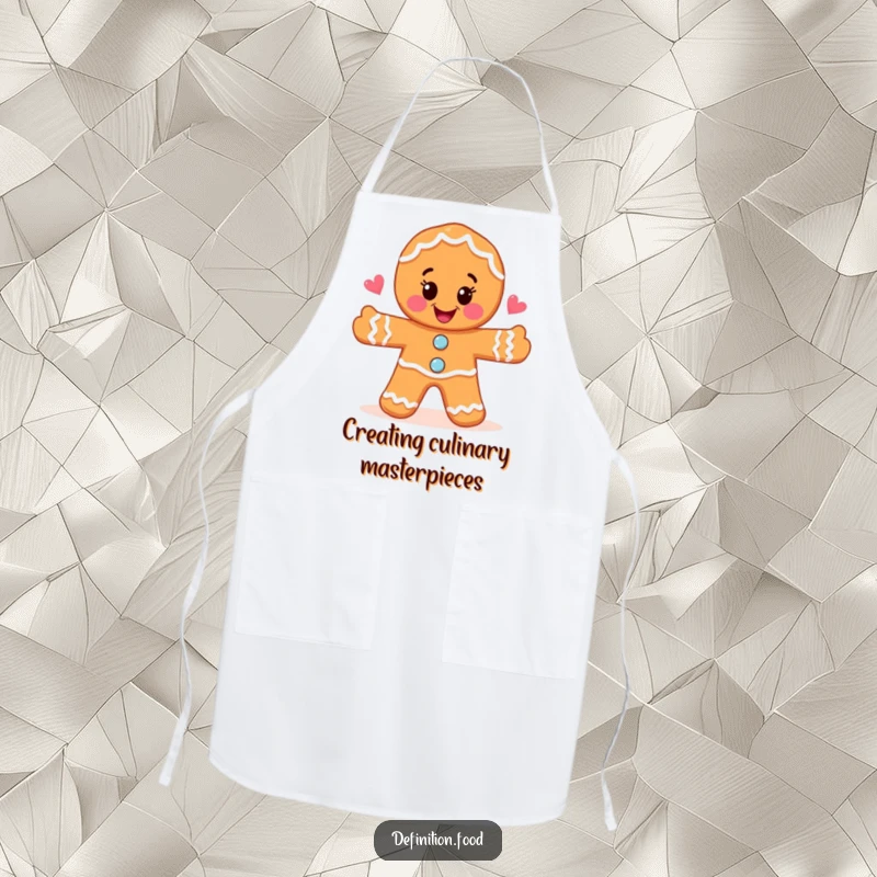 Funny joyful gingerbread man drawing a whimsical food illustration on a kitchen apron, perfect for creative cooks.