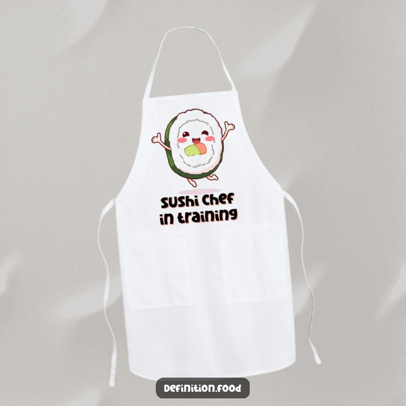 Funny apron featuring a leaping sushi roll character, adding humorous flair to kitchen activities.