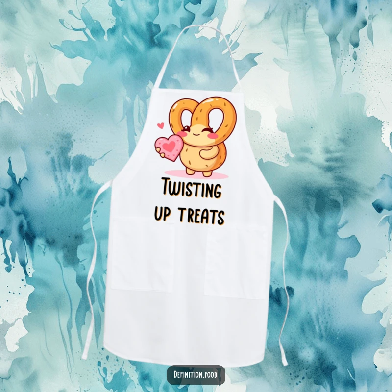 Funny pretzel character winks, offering a tiny heart cookie on a chef’s apron, bringing humor to the kitchen and baking.