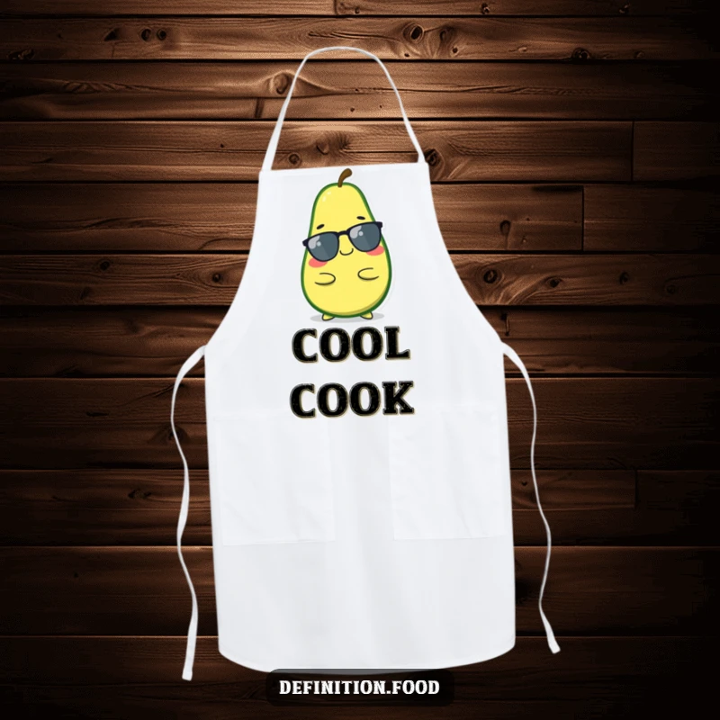 Funny avocado apron, a smiling character in a cool, relaxed pose, perfect for cooking, a stylish funny gift.
