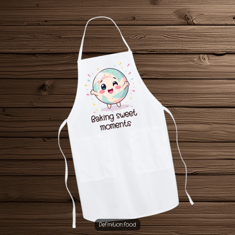 Funny apron featuring a spinning candy character with sprinkles, adding humorous flair to kitchen activities.