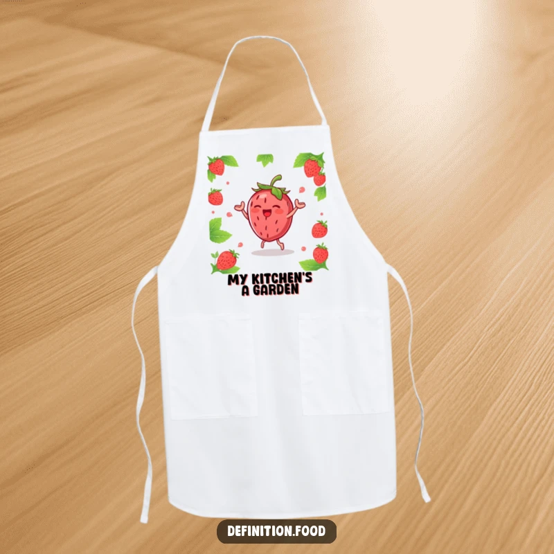 Funny joyous strawberry character doing a happy dance with leaves, ready to assist in the kitchen with this humorous apron.
