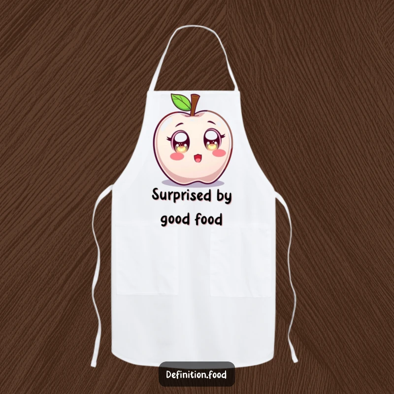 Funny apron featuring a candy apple character with wide, sparkling eyes, perfect for surprising messes in the kitchen.