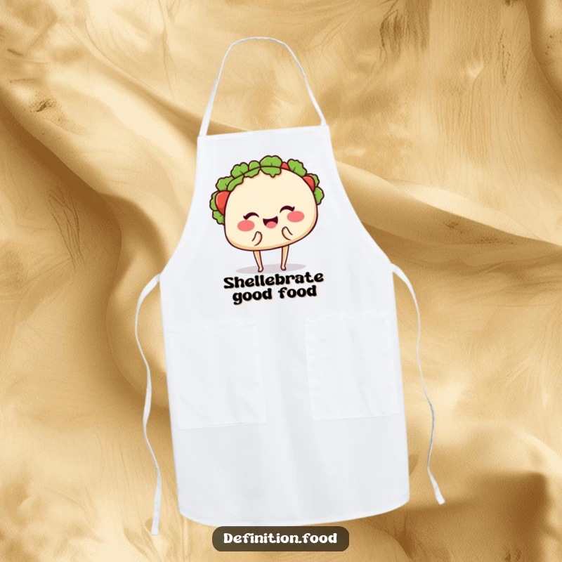 Funny apron print of a smiling taco with tiny legs, winking and offering a bite, ideal for a humorous cooking experience.