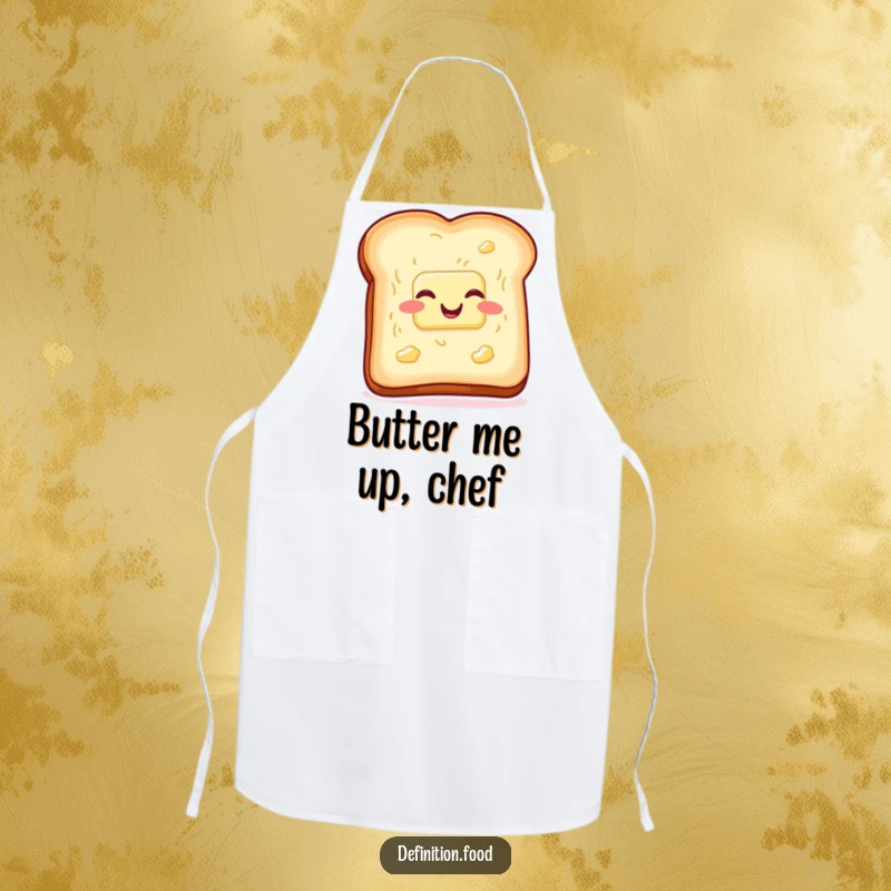 Funny toast and butter apron, wiggling with glee, kitchenwear for breakfast lovers who enjoy humor. Great funny gift.