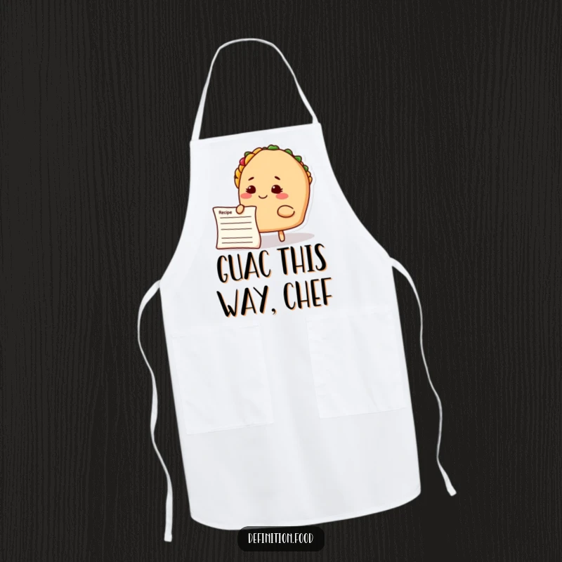 Funny taco chef apron, a smiling taco character thoughtfully reviewing a recipe card while cooking, humorous kitchen gear.