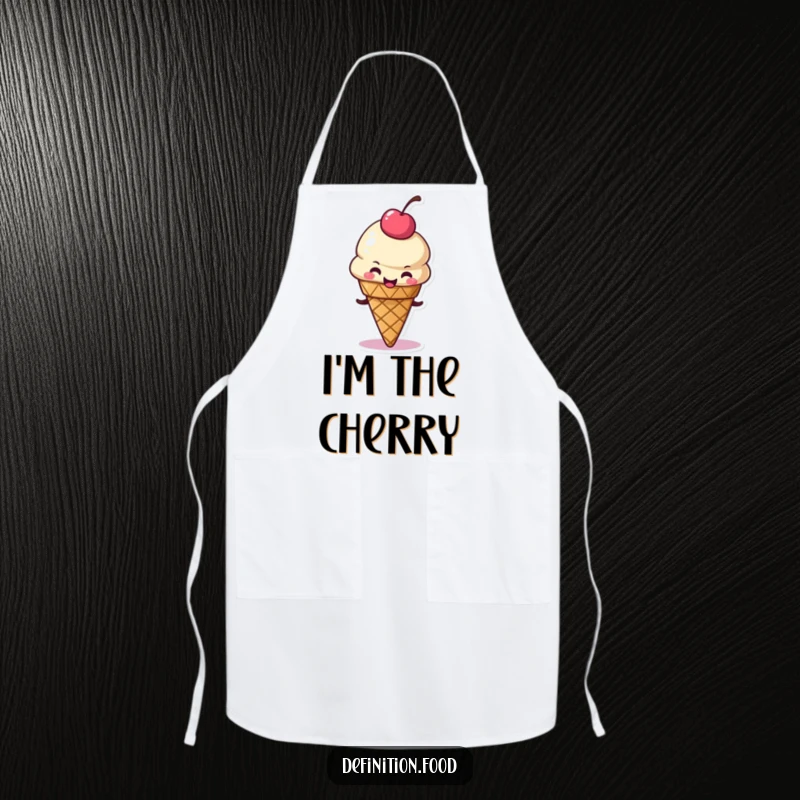 Funny apron adorned with a delighted ice cream cone character wiggling its cherry topping, perfect for bakers who love a sweet touch.