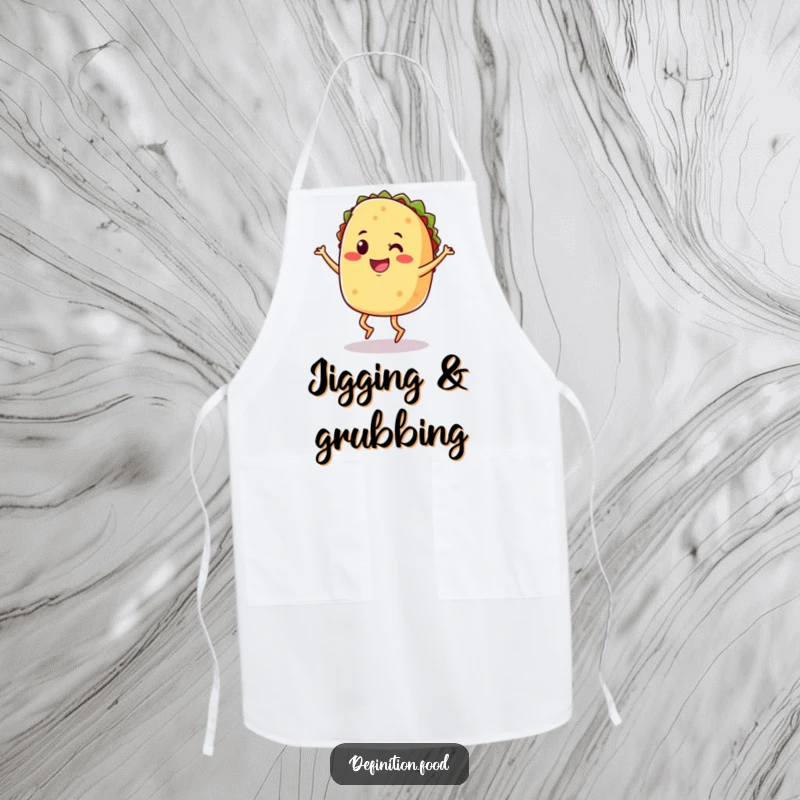 Funny apron featuring a smiling taco with legs performing a joyful jig, ideal for the kitchen.