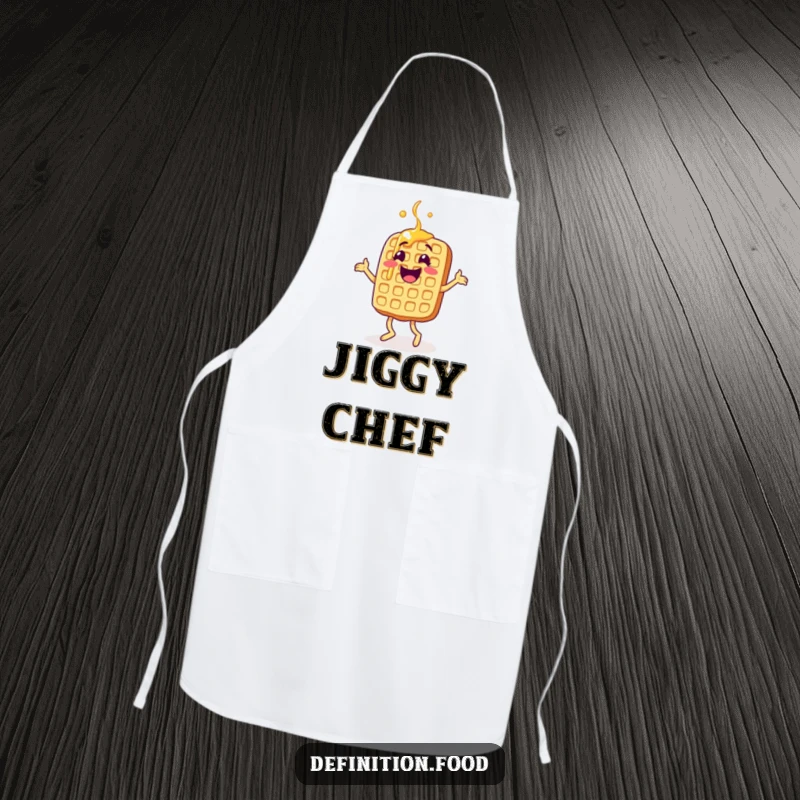 Funny waffle apron, a happy character doing a delightful jig, perfect for cooking, a fun and funny gift.