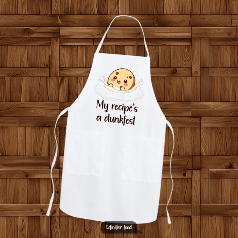 Funny cookie character amusingly swimming in milk, ready to help cook with this humorous kitchen apron.