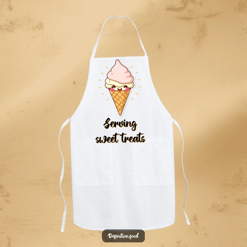 Funny apron with a cheerful ice cream cone character radiating deliciousness, perfect for cooking and a funny gift.