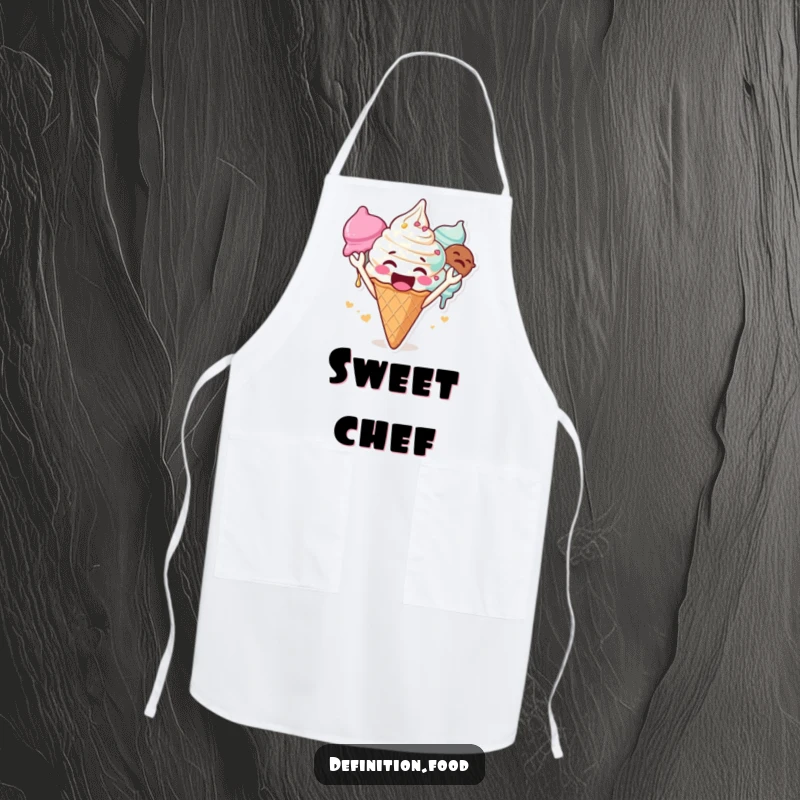 Funny ice cream apron, a gleeful character cheering loudly with multiple scoops, perfect for cooking, a fun funny gift.