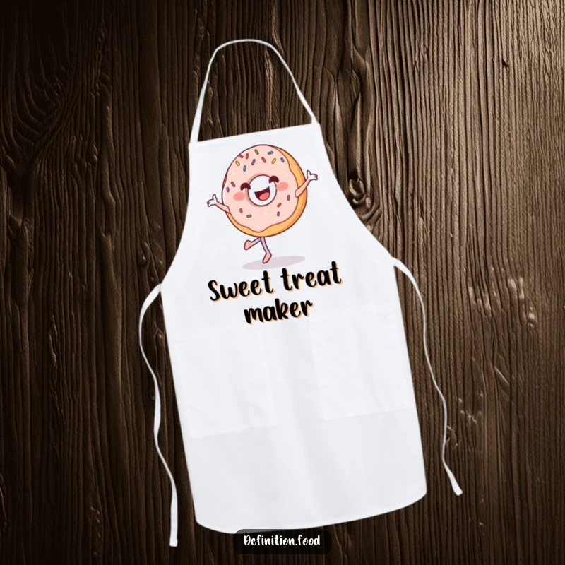 Funny grinning donut apron with sprinkles, happily pirouetting while preparing delicious baked goods.