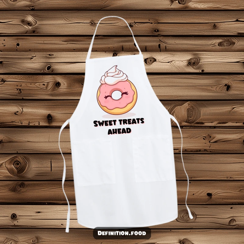 Funny apron with a winking donut character and whipped cream, ideal for kitchen use and adding humorous flair.
