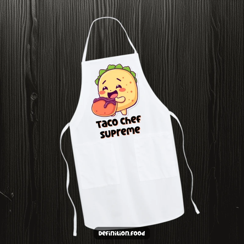 Funny apron showcasing a cheerful taco character taking a huge bite out of another taco, ready to prepare delicious food.