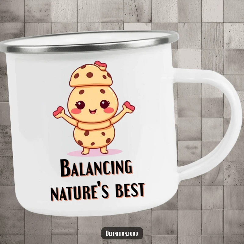 Funny camping mug featuring a giggling cookie character balancing a stack of tiny pastries, perfect for outdoor enjoyment and smiles.