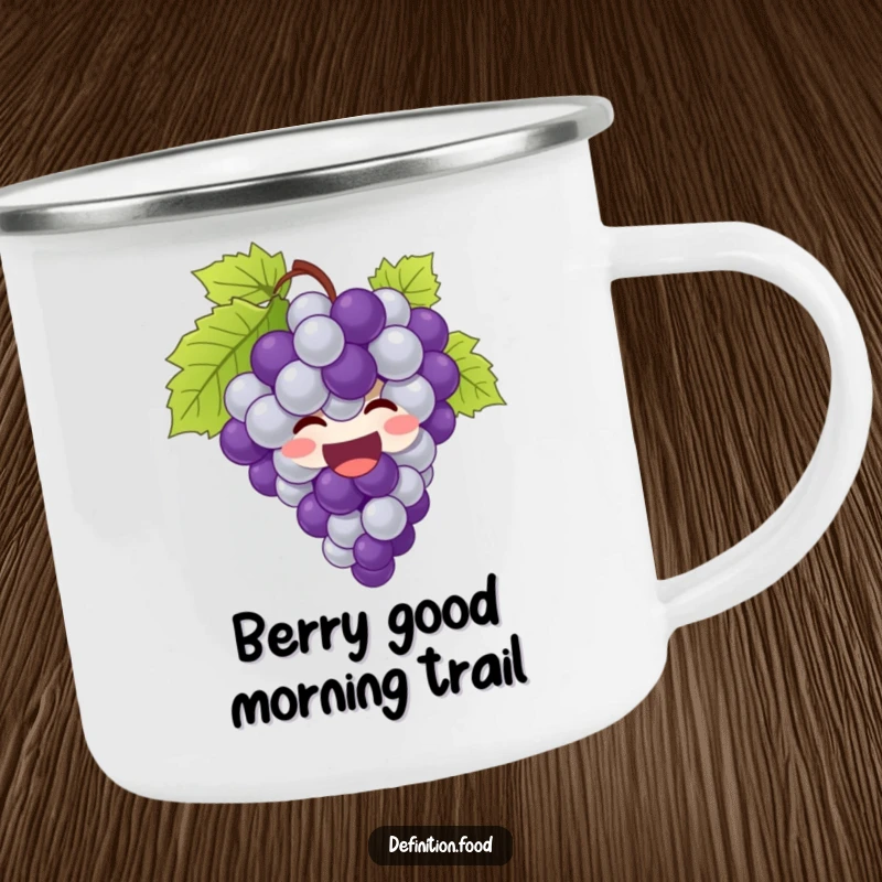 Funny grapes camping mug featuring a giggling bunch of grapes bursting with joy, ready for outdoor fun.