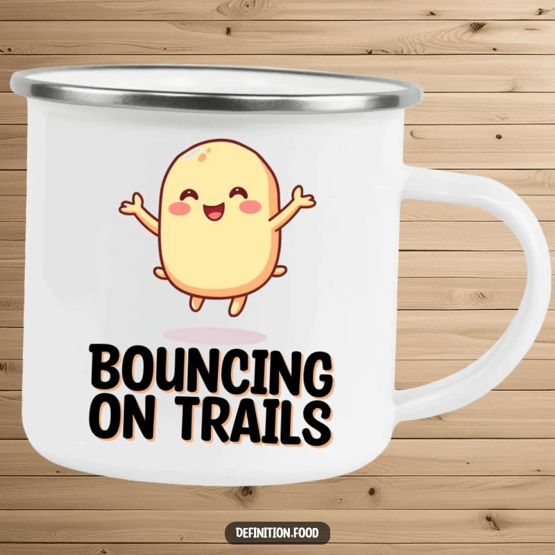 Funny camping mug with a macaroni character gleefully bouncing, perfect for outdoor coffee and a funny gift.