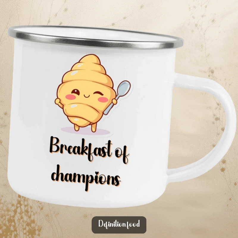 Funny camping mug with a charming winking croissant character offering a tiny spoon, built for adventure and laughter.