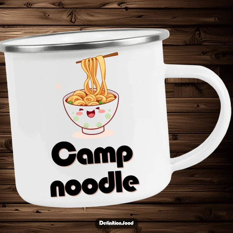 Funny ramen camping mug, enamel finish, a bowl of noodles wiggling playfully, durable for outdoors, a funny gift.