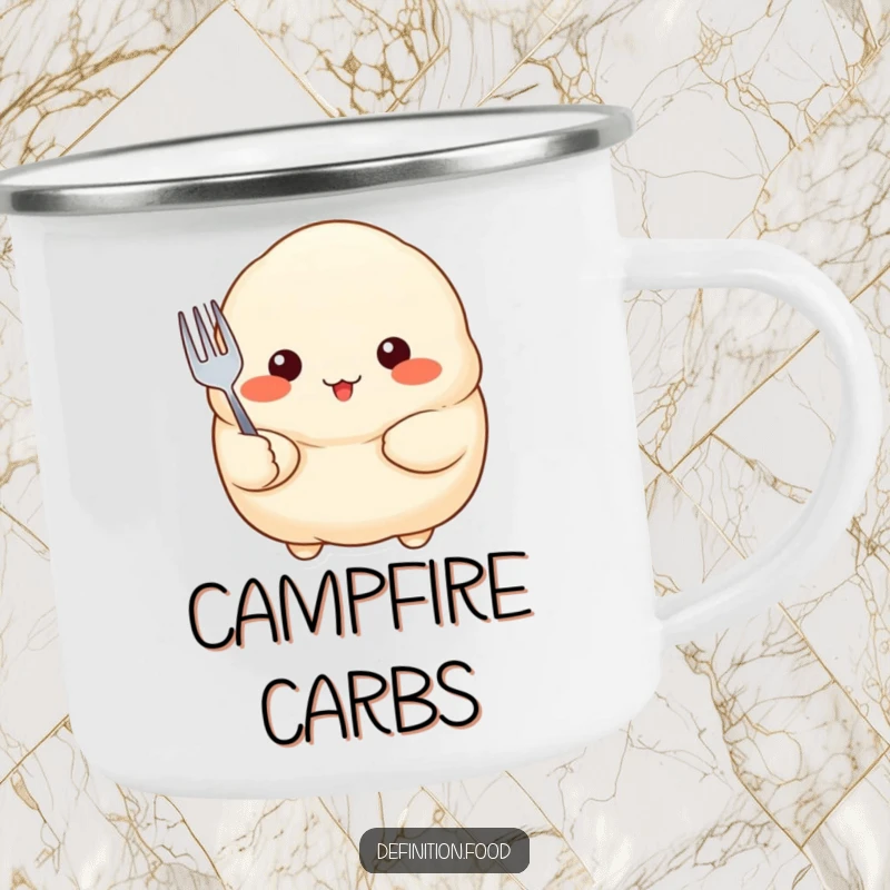 Funny Camping Mug featuring a proud dumpling with rosy cheeks holding a tiny fork, perfect for outdoor drinks with cute flair.