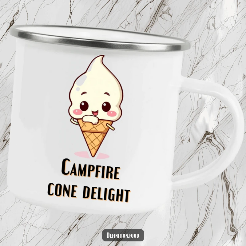 Funny ice cream camping mug featuring a happy ice cream cone character taking a triumphant bite, ideal for outdoor use.