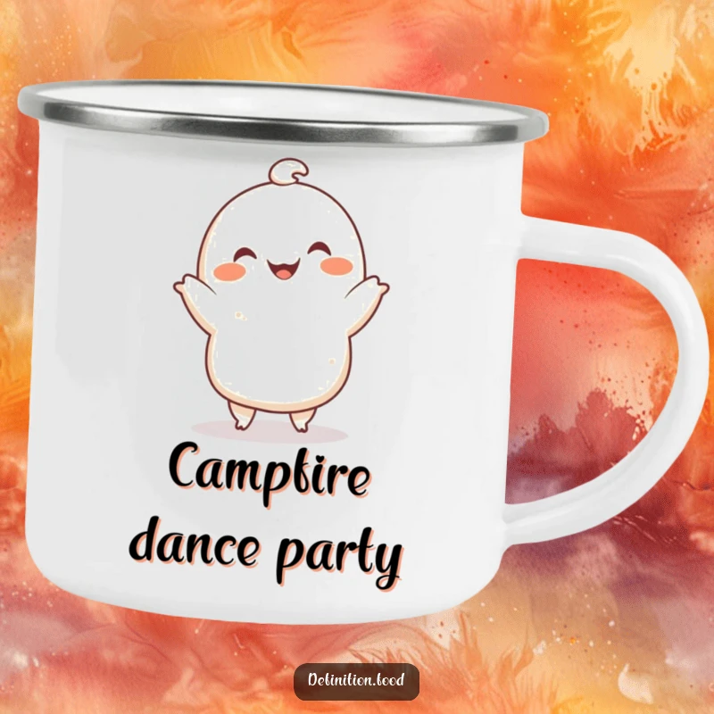 Funny camping mug with a smiling dumpling character doing a tiny dance, perfect for outdoor coffee and a funny gift.