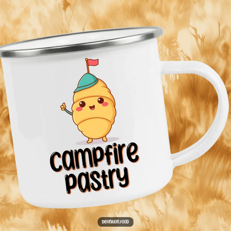 Funny camping mug with a cheerful croissant wearing a jaunty hat and waving a tiny flag, for outdoor trips.