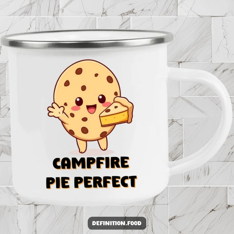 Funny cookie character offering a slice of pie on a camping mug, ideal for enjoying drinks outdoors with a generous, sweet touch.
