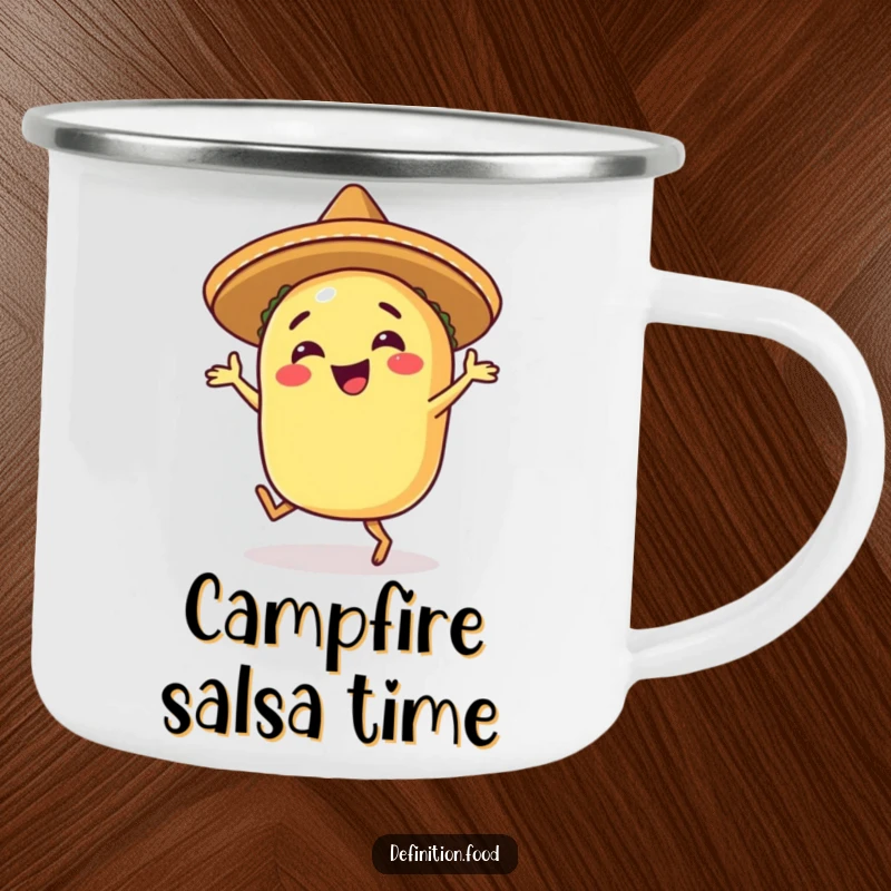 Funny happy taco camping mug featuring a taco in a sombrero, salsa dancing with enthusiasm in nature.